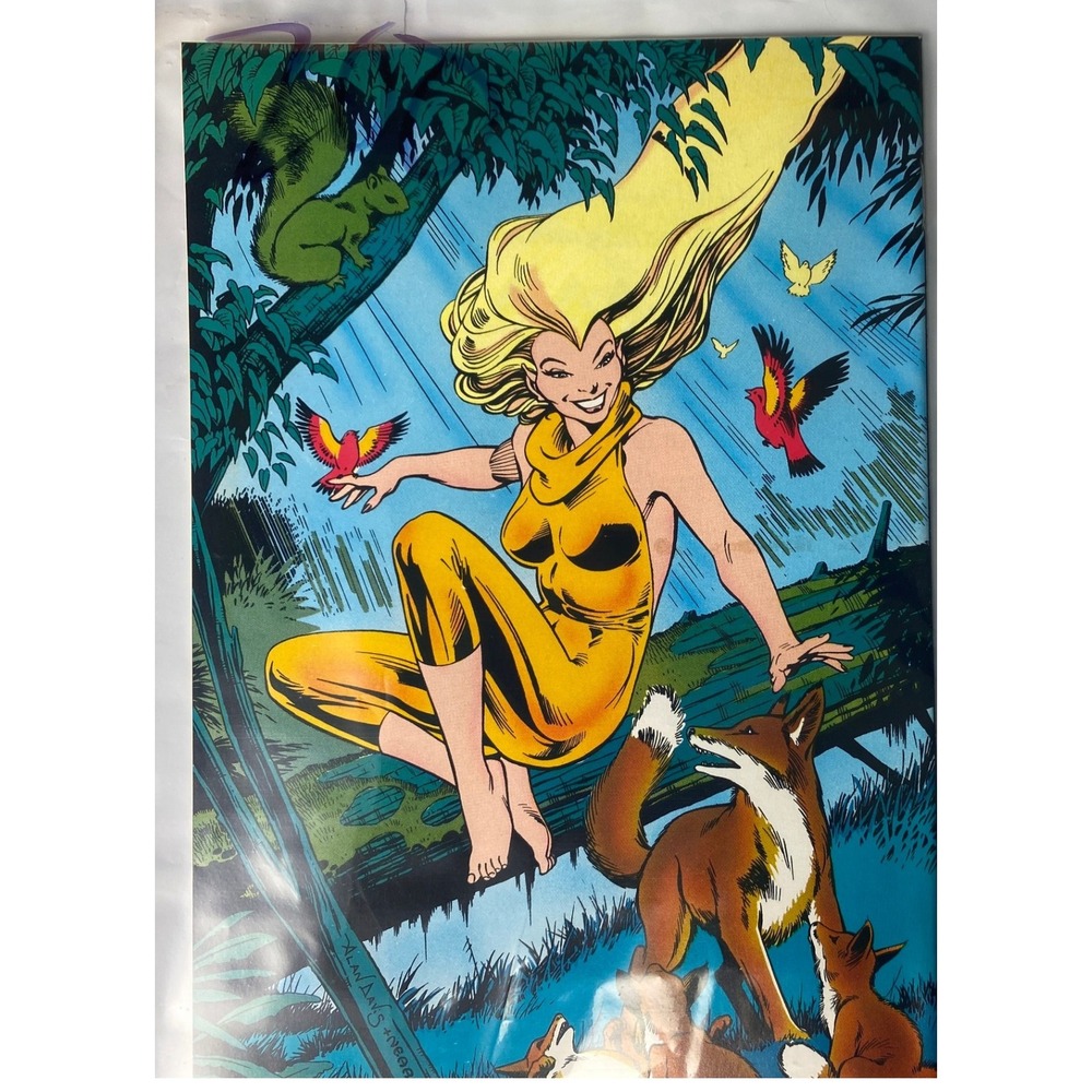 Vintage Swamp Thing Comic Art Print Woman Yellow Pants Foxes Birds Nature